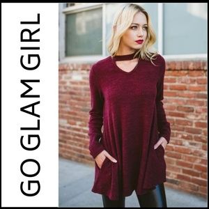 NWT PREMIUM Cut Out Burgundy Brushed Choker Top